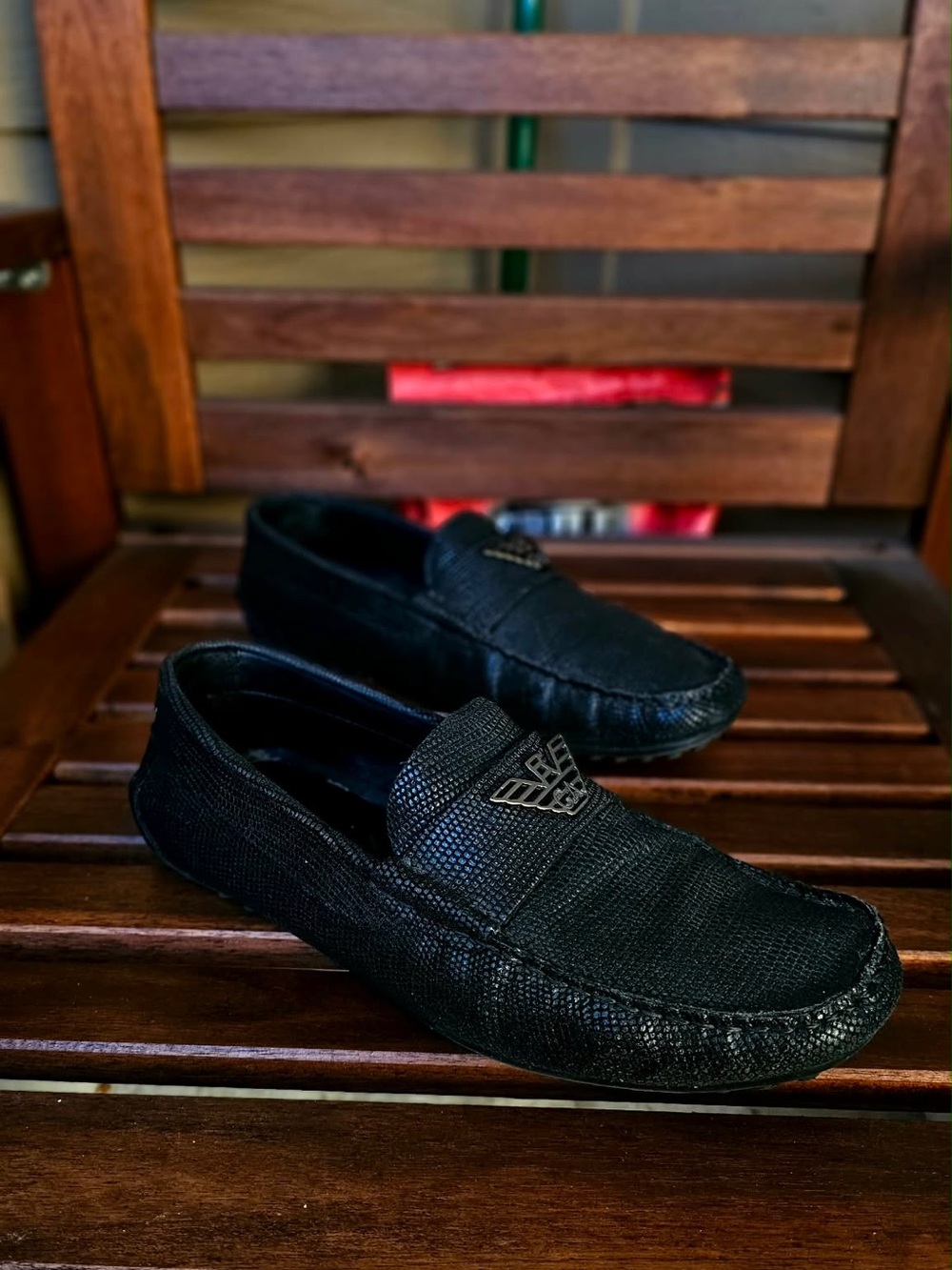 Emporio Armani Black Textured Leather Slip-On Loafers Men’s Size 6.5